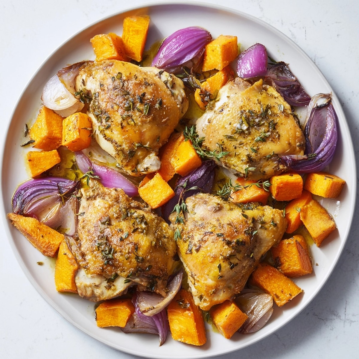 Savory Bright Lemon-Herb Chicken Thighs sizzling amidst caramelized carrots and red onion wedges.