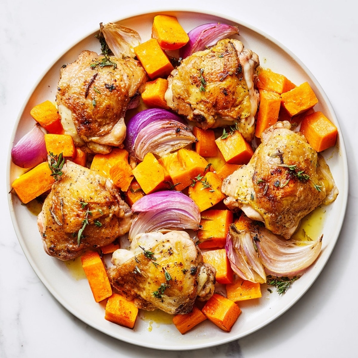 Rustic pan of Bright Lemon-Herb Chicken Thighs ready to serve with lemon wedges.
