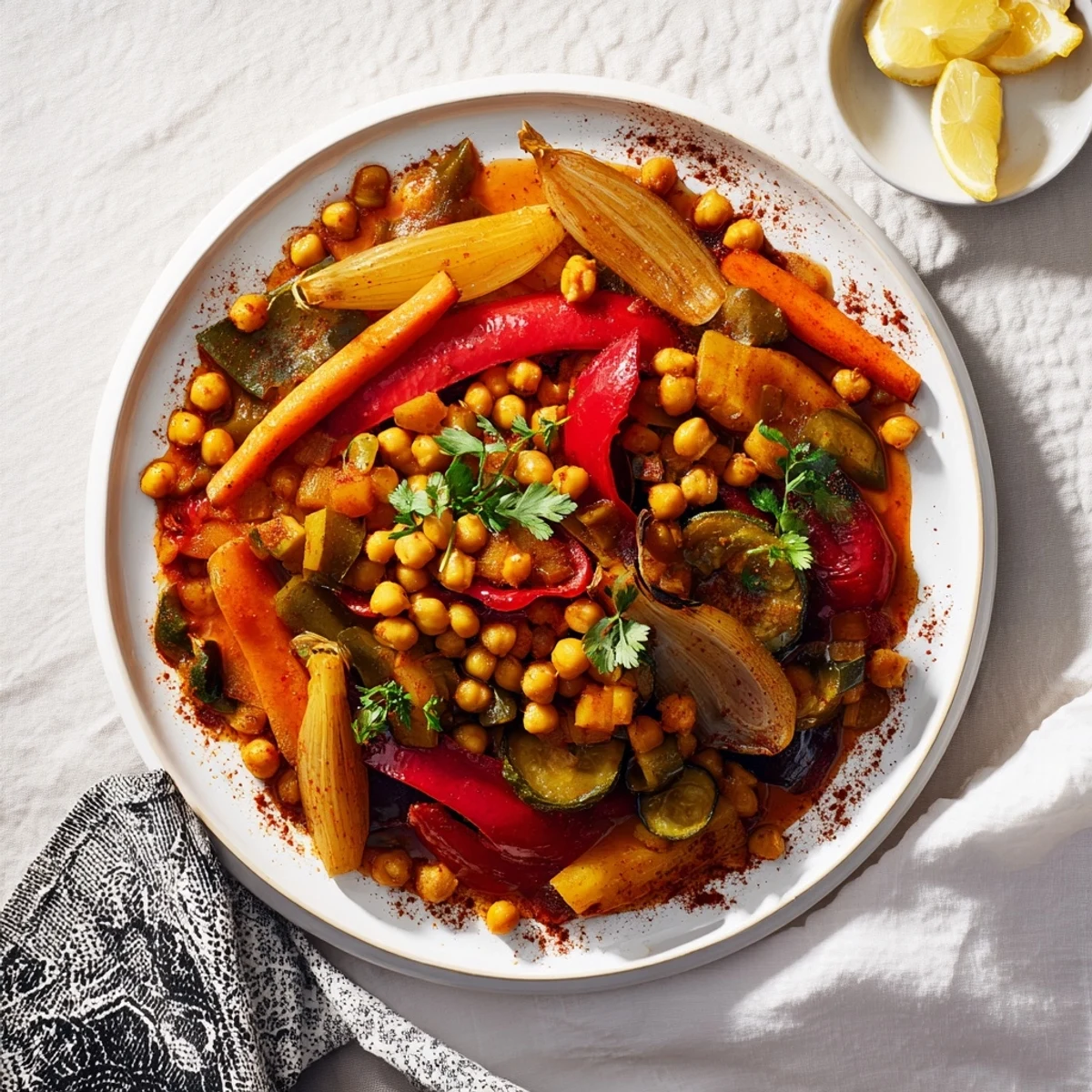 Zesty Moroccan Chickpea & Vegetable Tagine steaming, with vibrant veggies and herbs, ready to serve.