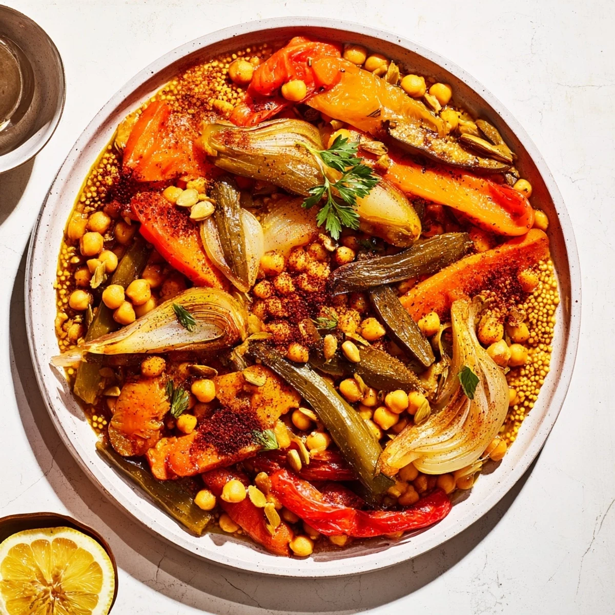 A hearty bowl of Zesty Moroccan Chickpea & Vegetable Tagine, with lemon wedges for bright flavor.