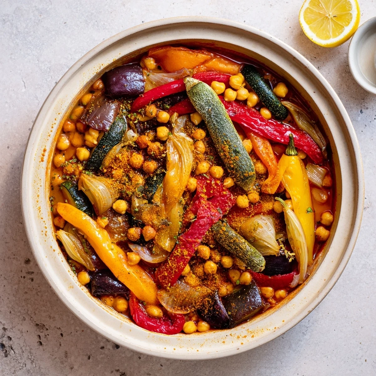 Simmering in a pot, the fragrant Zesty Moroccan Chickpea & Vegetable Tagine is a colorful vegan stew.