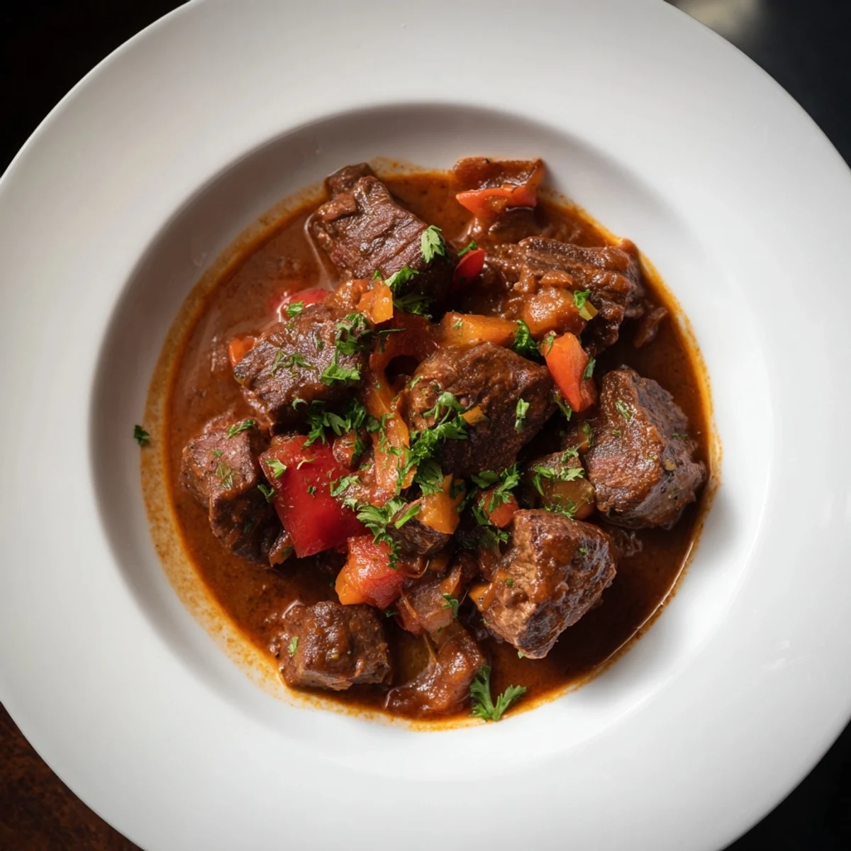 Steaming one-pot beef goulash, rich with paprika, served alongside toasted, crusty bread, ready to eat.