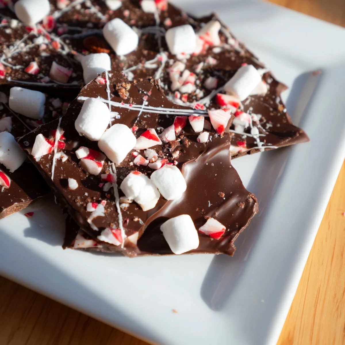 Glistening shards of 5-Minute Hot Chocolate Bomb Bark topped with marshmallows and cocoa mix, ready to melt.