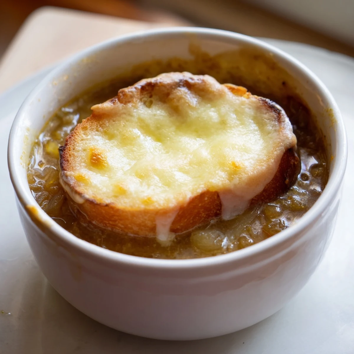 Golden-brown, bubbly 4-Ingredient French Onion Soup, crowned with melted Gruyère on crusty bread.