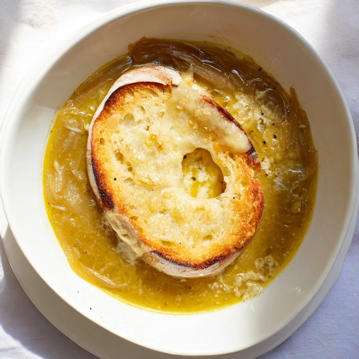 Aromatic, savory 4-Ingredient French Onion Soup: caramelized onions swimming in rich broth, ready to enjoy.