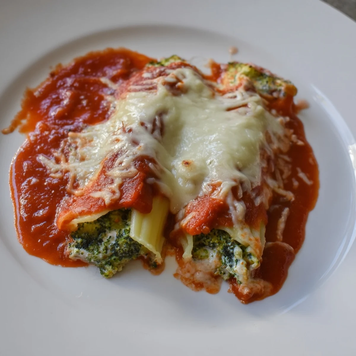 Golden-brown Cheesy Broccoli Stuffed Manicotti: pasta shells filled with cheese, broccoli, and a rich tomato sauce.