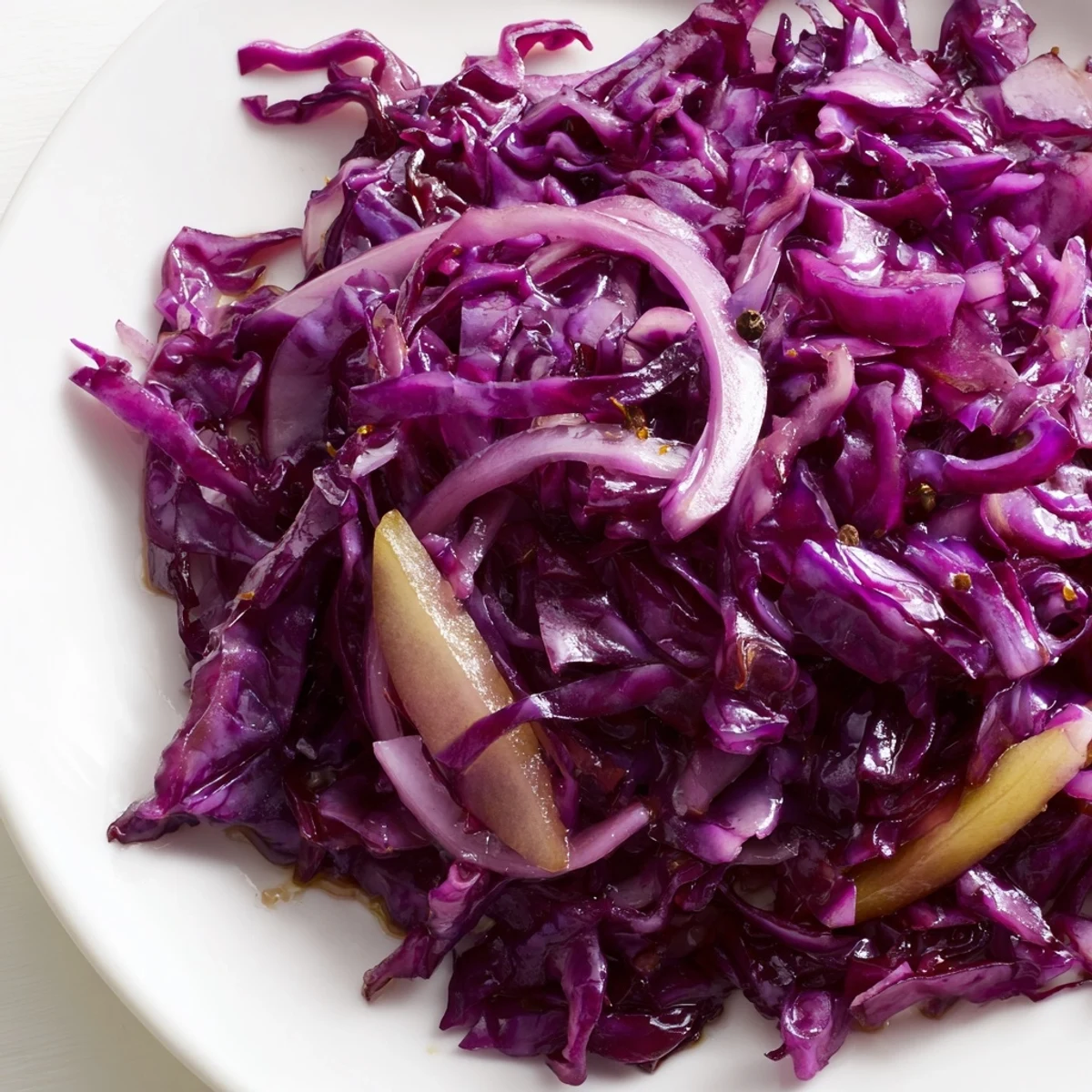 Brightly colored sweet and sour Bavarian red cabbage and apples, perfect side for dinner.