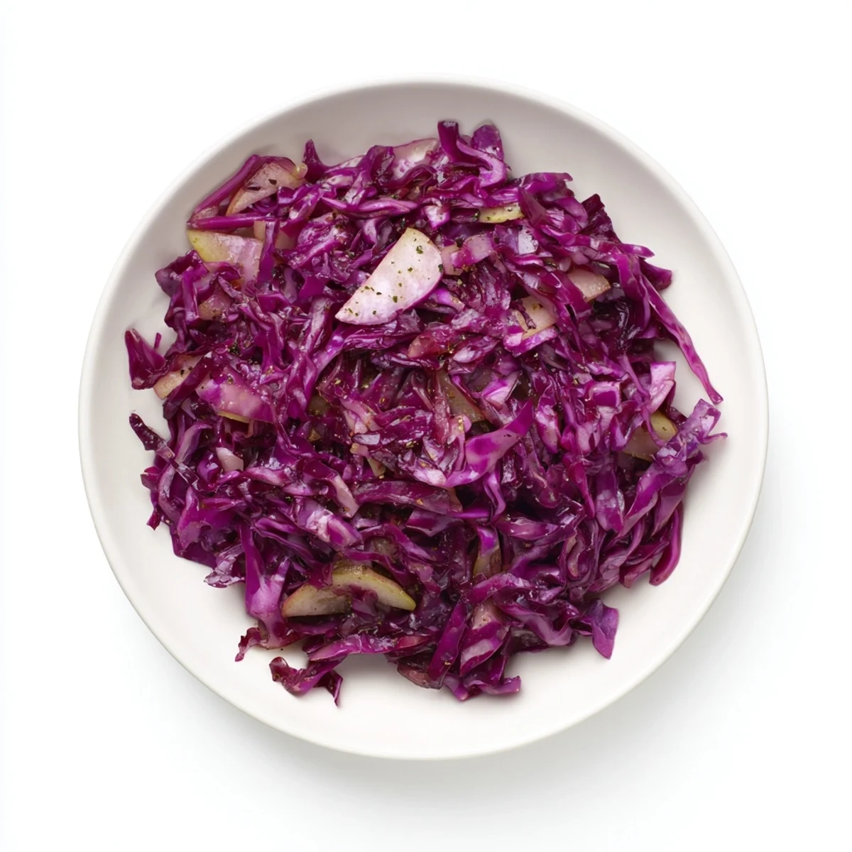 Warm, flavorful Bavarian red cabbage and apple dish, smelling of vinegar, ready to eat.