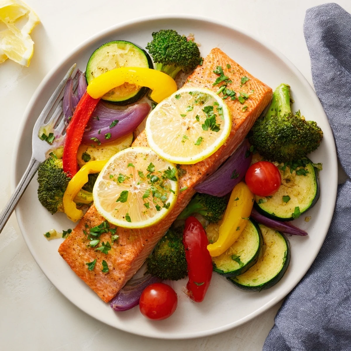 Flaky, perfectly cooked Sheet Pan Salmon with vibrant roasted vegetables makes a hearty and healthy meal.