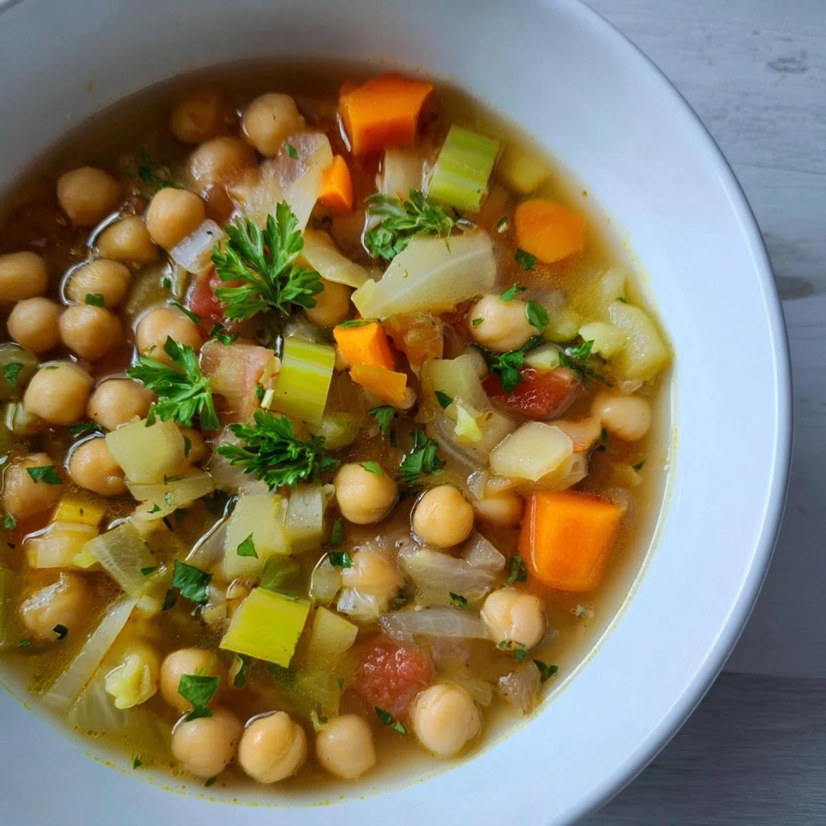 Bowl of steaming, Hearty Chickpea & Rosemary Soup, garnished with fresh parsley, ready to eat.
