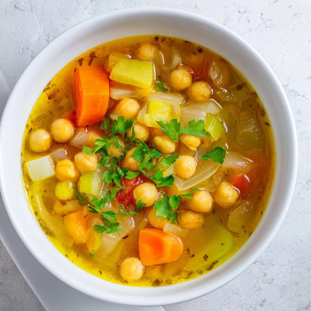 Close-up of fragrant Hearty Chickpea & Rosemary Soup, brimming with vegetables and herbs, perfect for autumn.