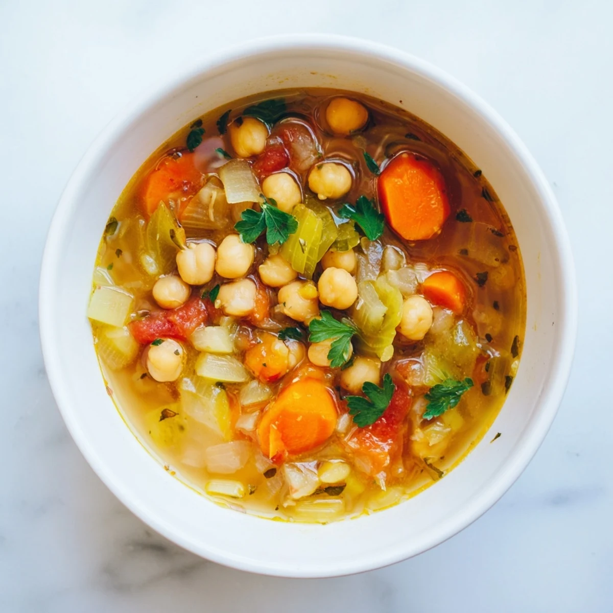 Enjoy a warm bowl of vegan Hearty Chickpea & Rosemary Soup, a comforting and flavorful French-inspired meal.