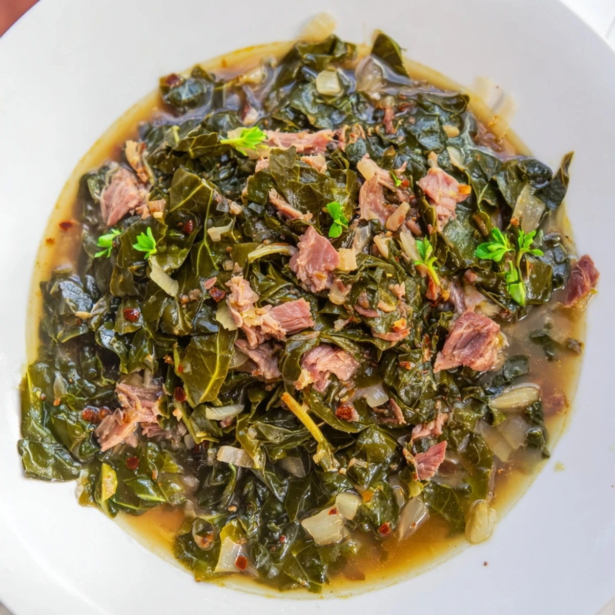 Steaming bowl of Rustic Southern Collard Greens with Smoked Turkey, ready for serving alongside cornbread.