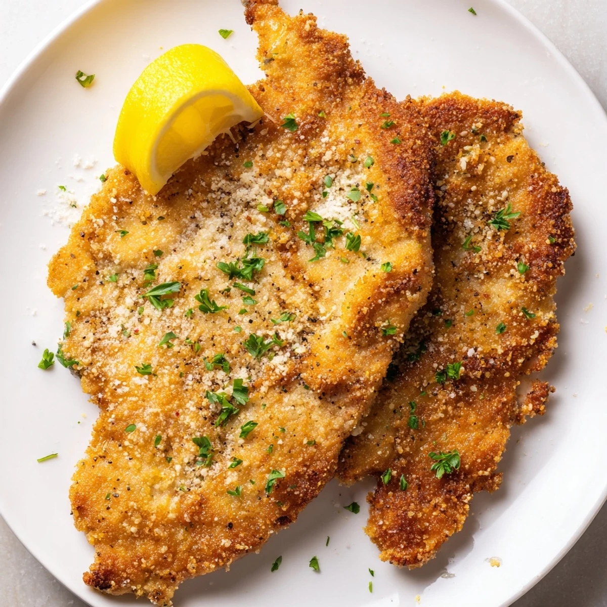 Golden, crispy Air Fryer Wiener Schnitzel served with a lemon wedge, imagine the delicious crunch!