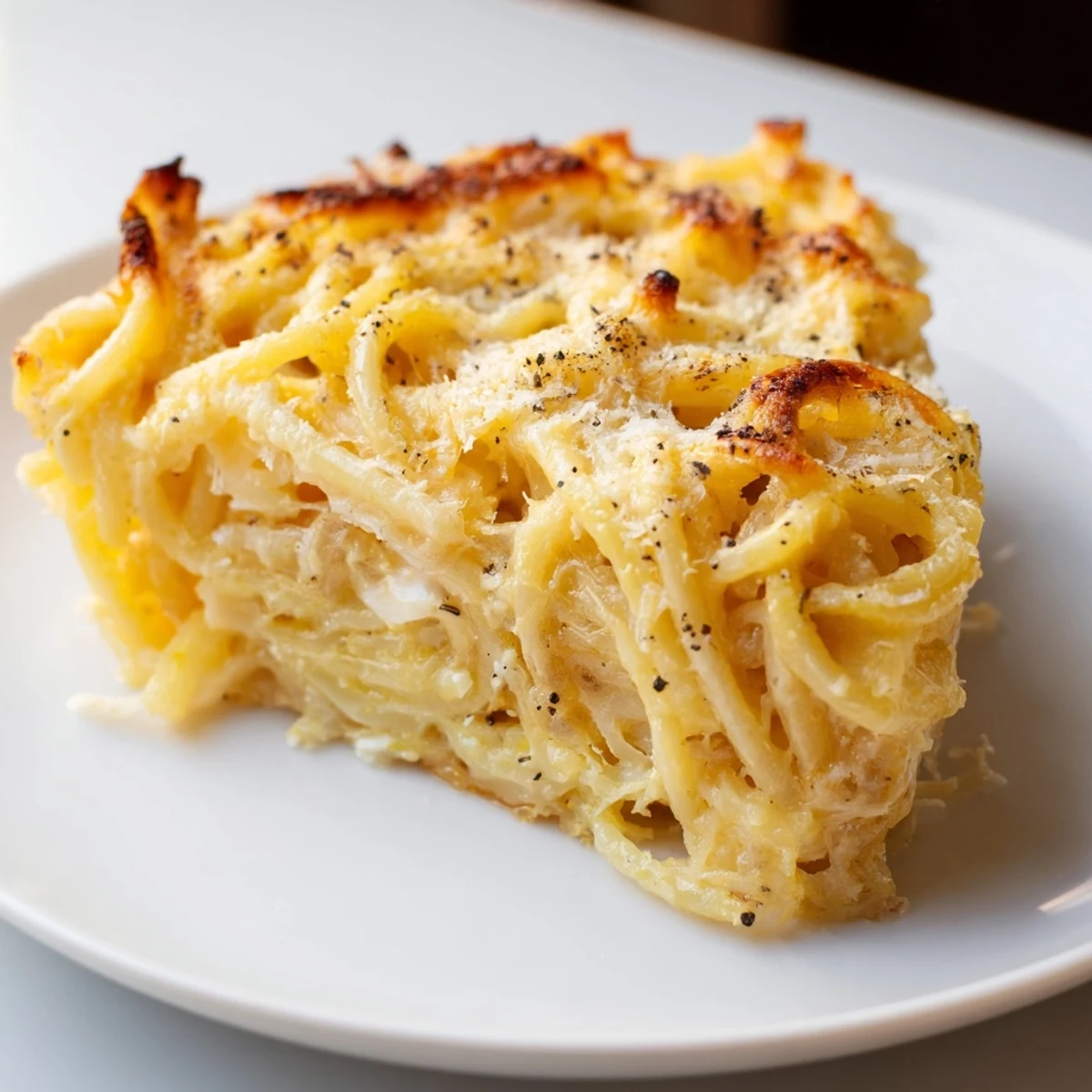 Baked Cacio e Pepe Pasta Pie: a rustic, cheesy dish with irresistible crispy pasta edges.