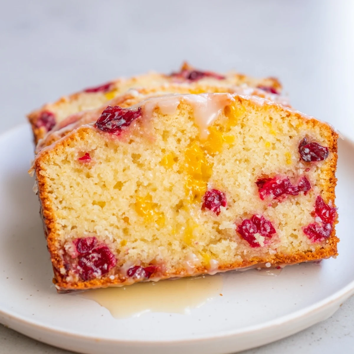 Quick Cranberry Orange Loaf Cake, sliced and glazed, shows a warm, inviting dessert for the holidays.