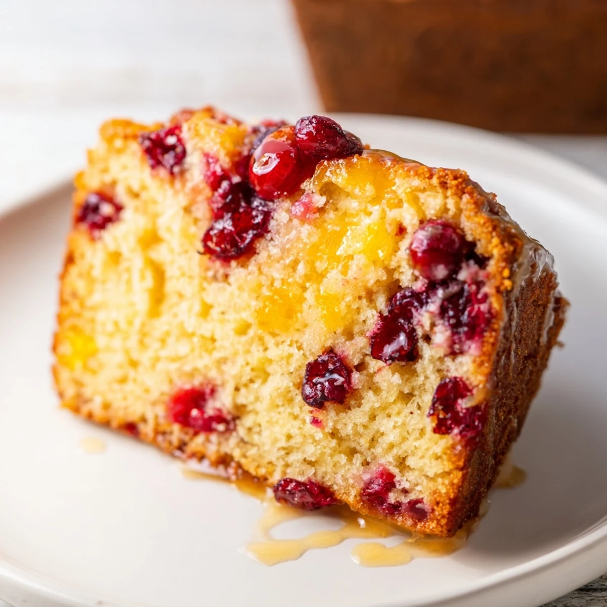 A close-up of a Quick Cranberry Orange Loaf Cake, showcasing its moist texture and sweet, citrus aroma.