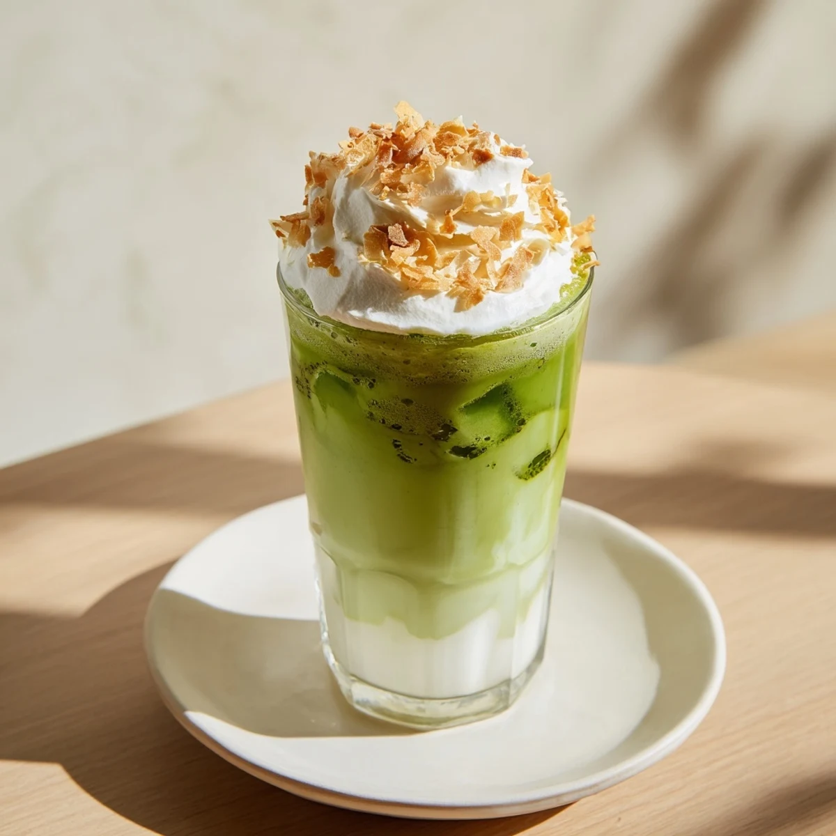 Creamy Toasted Coconut Gingerbread Iced Matcha, topped with whipped cream and fragrant cinnamon.