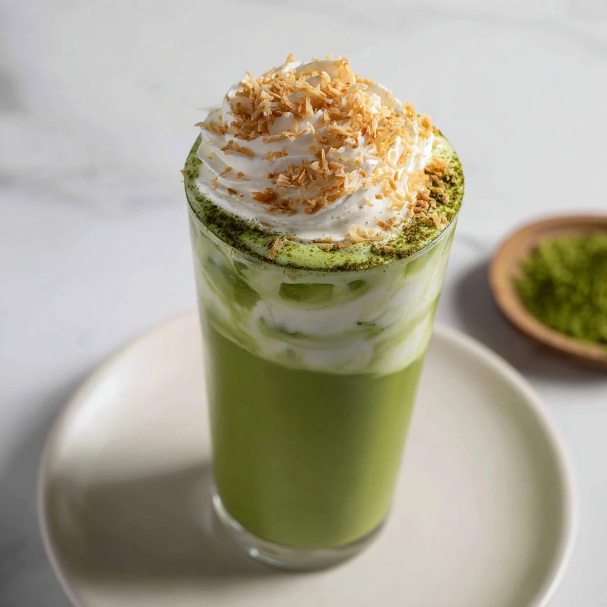 Close-up of a festive Toasted Coconut Gingerbread Iced Matcha latte, showcasing rich green color.