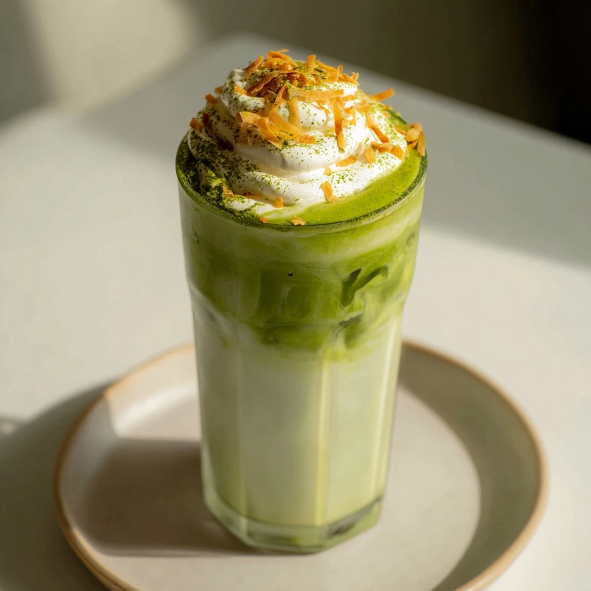 Refreshing Toasted Coconut Gingerbread Iced Matcha with toasted coconut, appealing for a perfect treat.