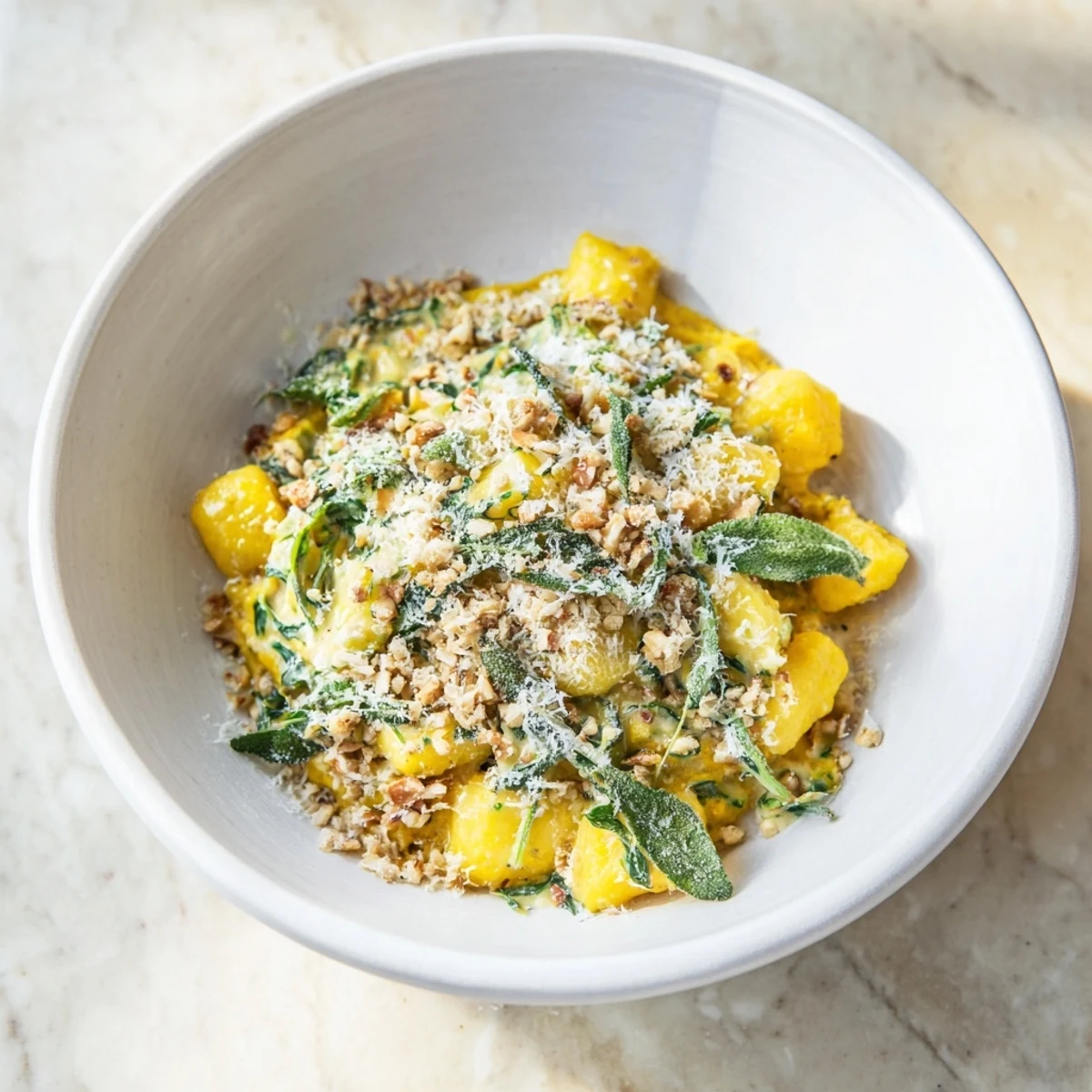 Steaming bowl of One-Pot Creamy Pumpkin Sage Gnocchi, garnished with crispy sage and Parmesan.