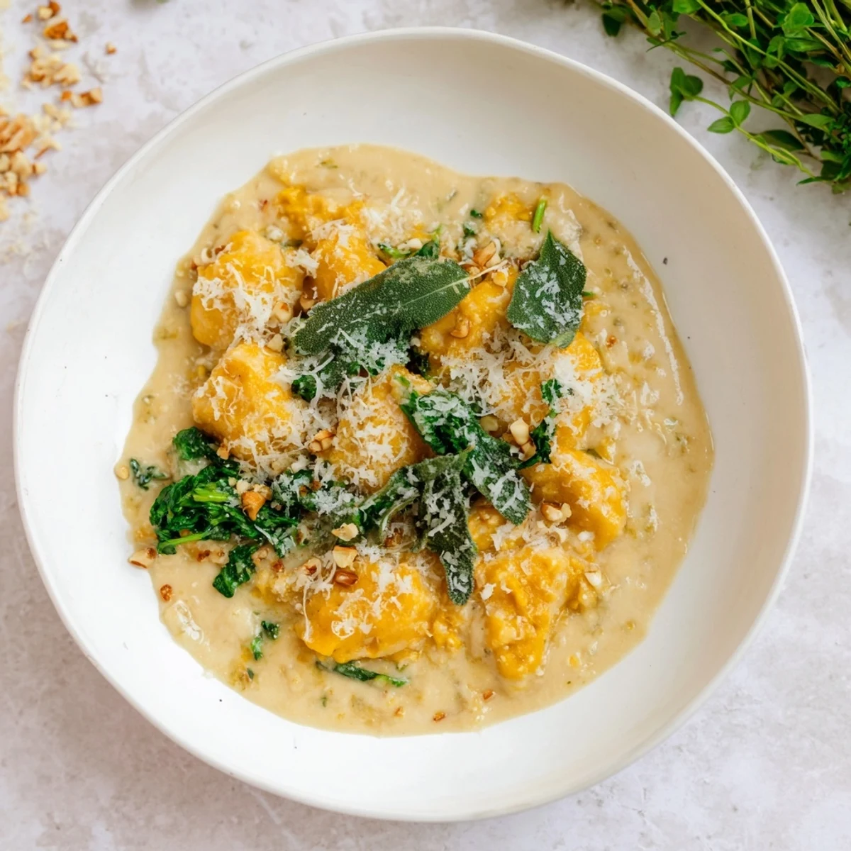 Flavorful One-Pot Creamy Pumpkin Sage Gnocchi pasta, showcasing a creamy pumpkin sauce and tender gnocchi.