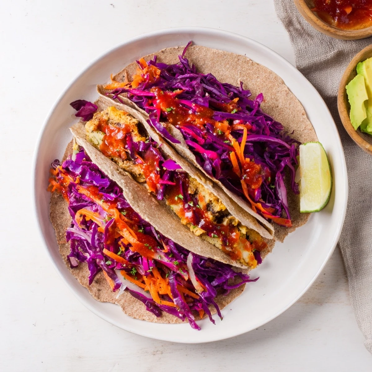 A close-up shot of a healthy BBQ Chickpea & Slaw Wrap showcasing the colorful fillings.