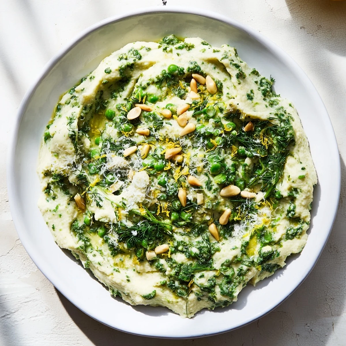A bowl of creamy Green Pea & Spinach Pasta garnished with lemon zest, ready to savor.