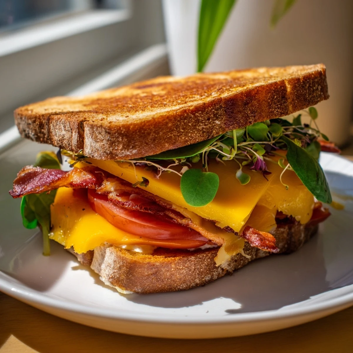 Golden, melted Turkey Bacon, Spinach & Tomato Protein Grilled Cheese sandwich, a satisfying, cheesy creation.