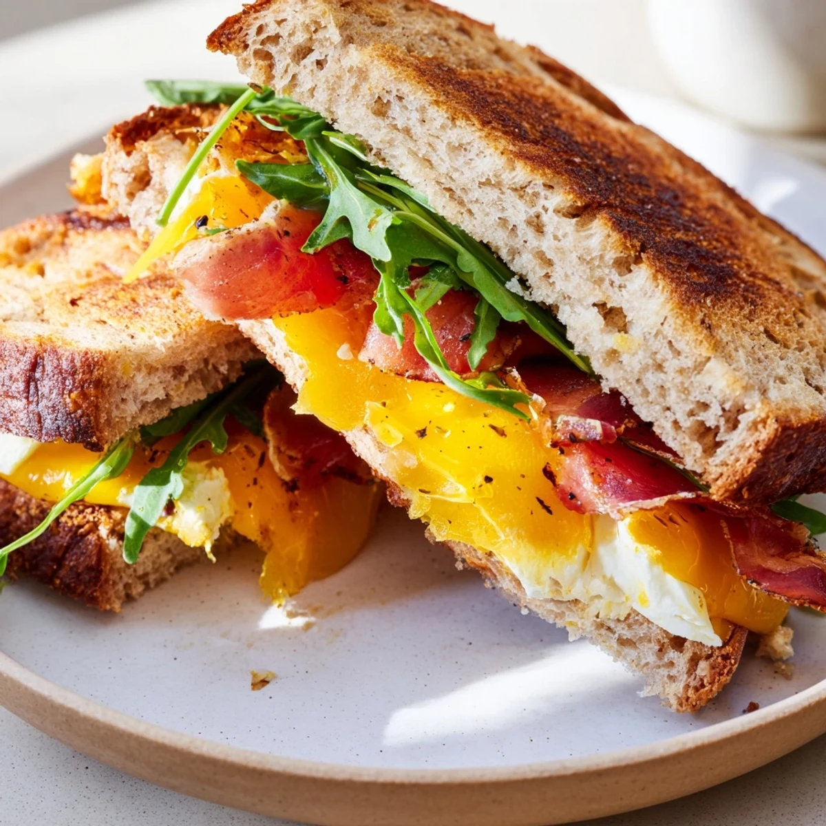 Crispy turkey bacon peek through the layers of this delicious Turkey Bacon, Spinach & Tomato Protein Grilled Cheese.