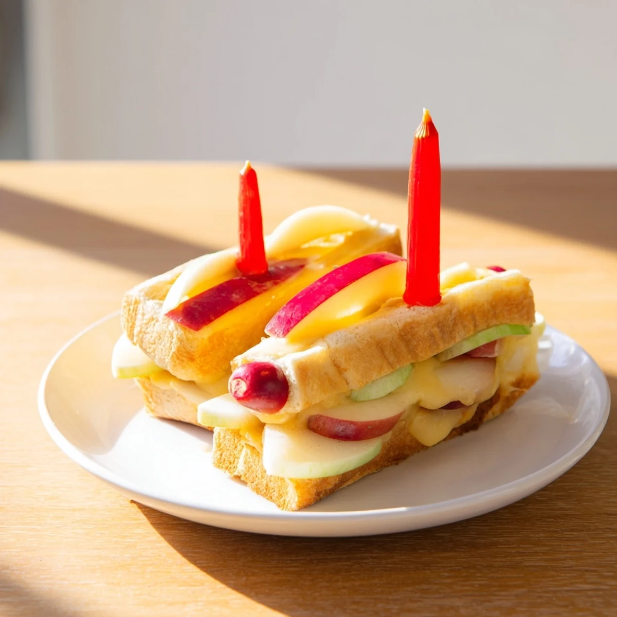 Golden-brown Brie, Apple & Honey Christmas Candle Grilled Cheese melting inside warm, crusty bread, ready to eat.