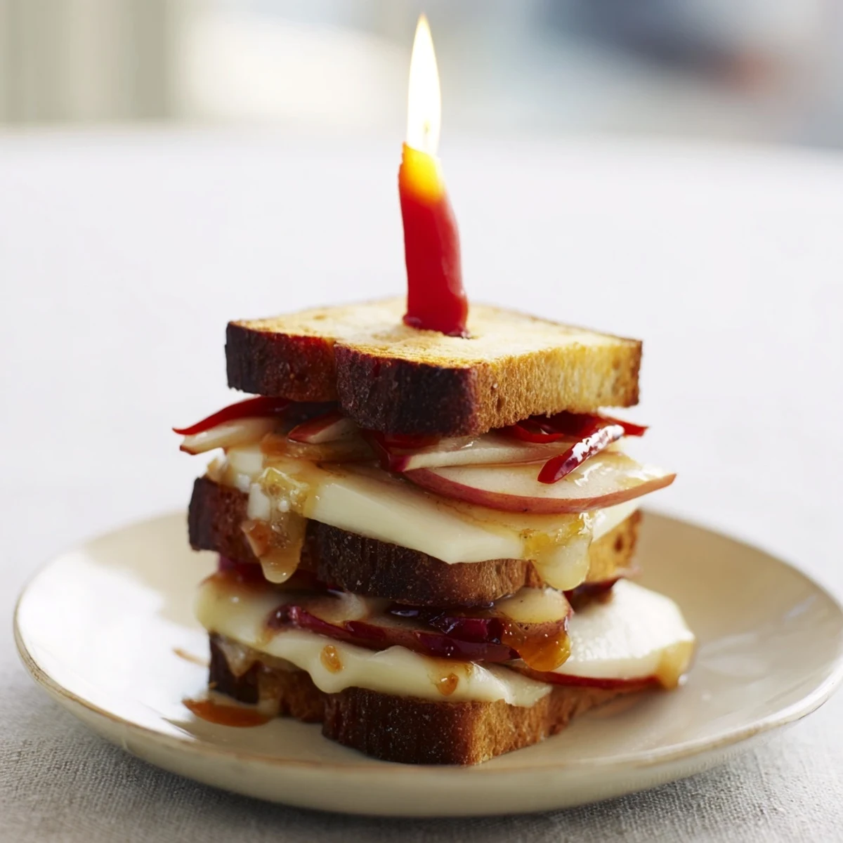 Sweet honey drizzled over a festive Brie, Apple & Honey Christmas Candle Grilled Cheese, perfect for a cozy holiday treat.