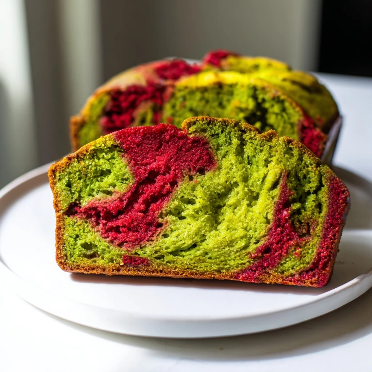 Red & Green Swirl Matcha Marble Pound Cake with vibrant matcha swirls and berry flavor, ready to slice.