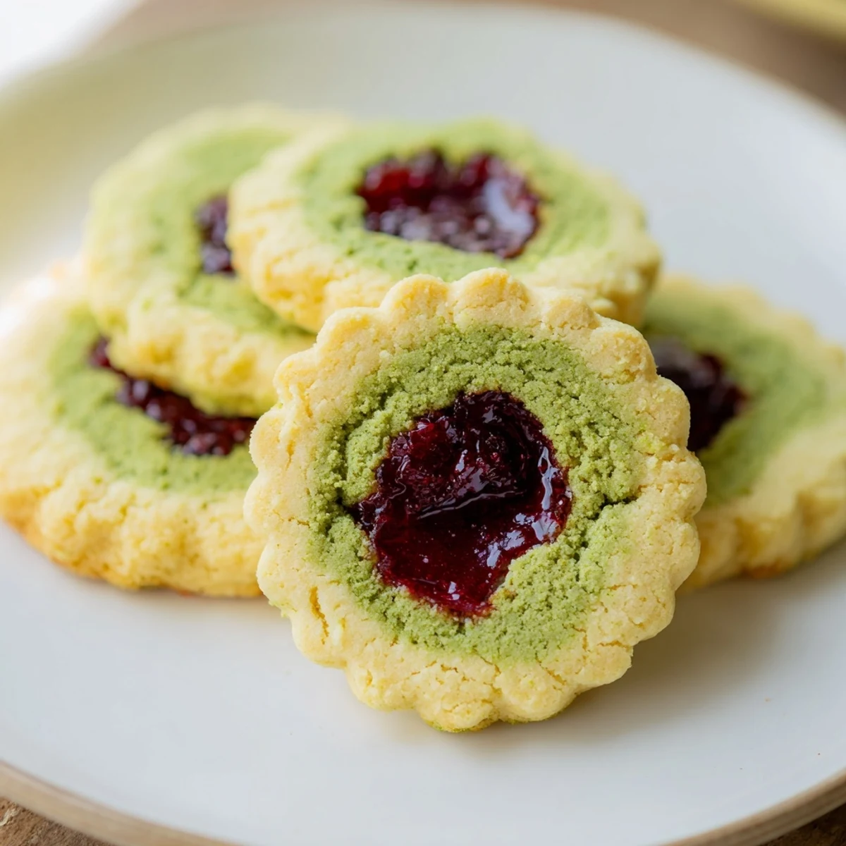 Matcha cranberry shortbread thumbprint cookies with vibrant green dough and red jam centers, a perfect treat.