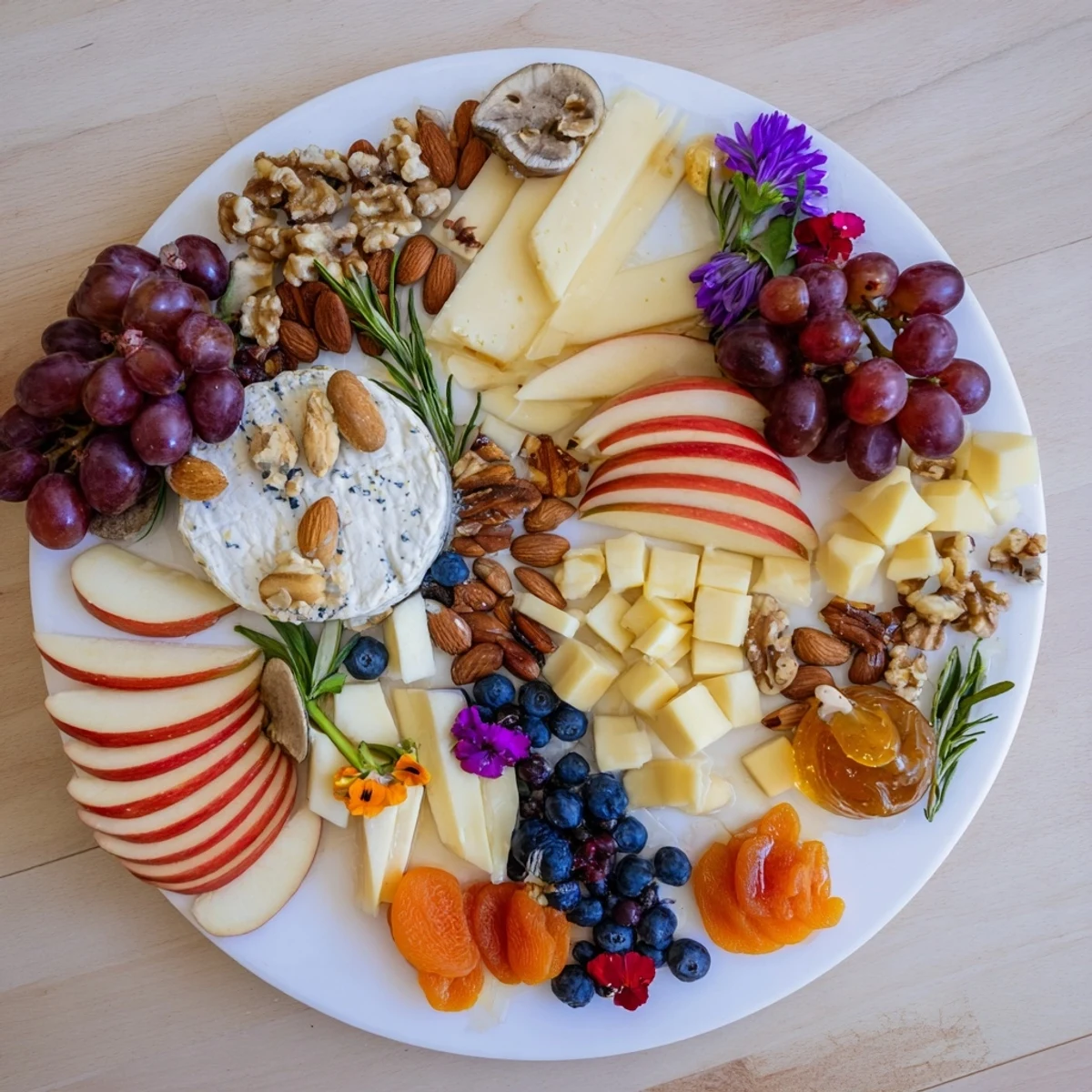 Woodland Creature Cheese Platter arranged with colorful fruits, nuts, and cheeses, a delicious appetizer.