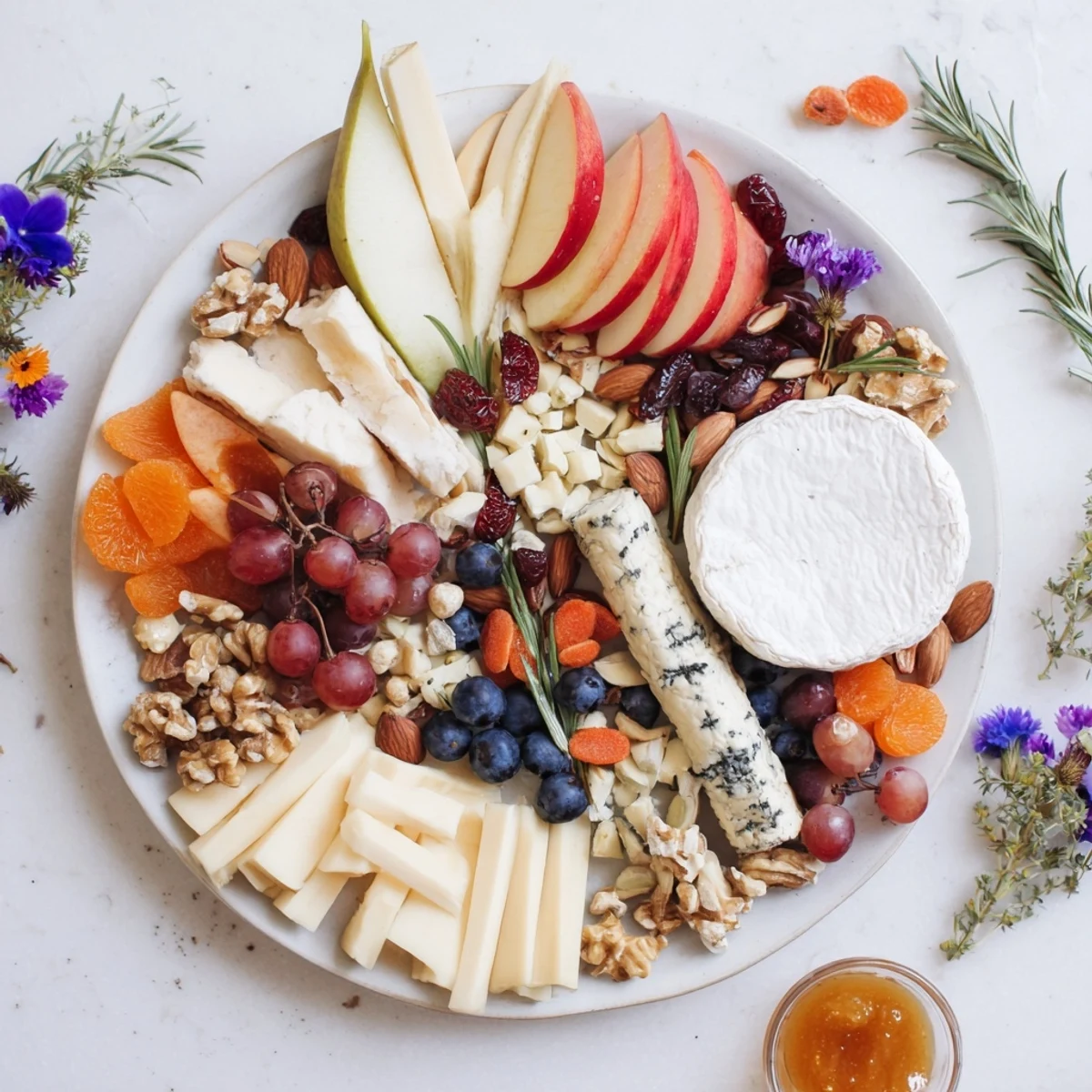 This festive Woodland Creature Cheese Platter includes rosemary "pine needles" around a cheese and fruit display.