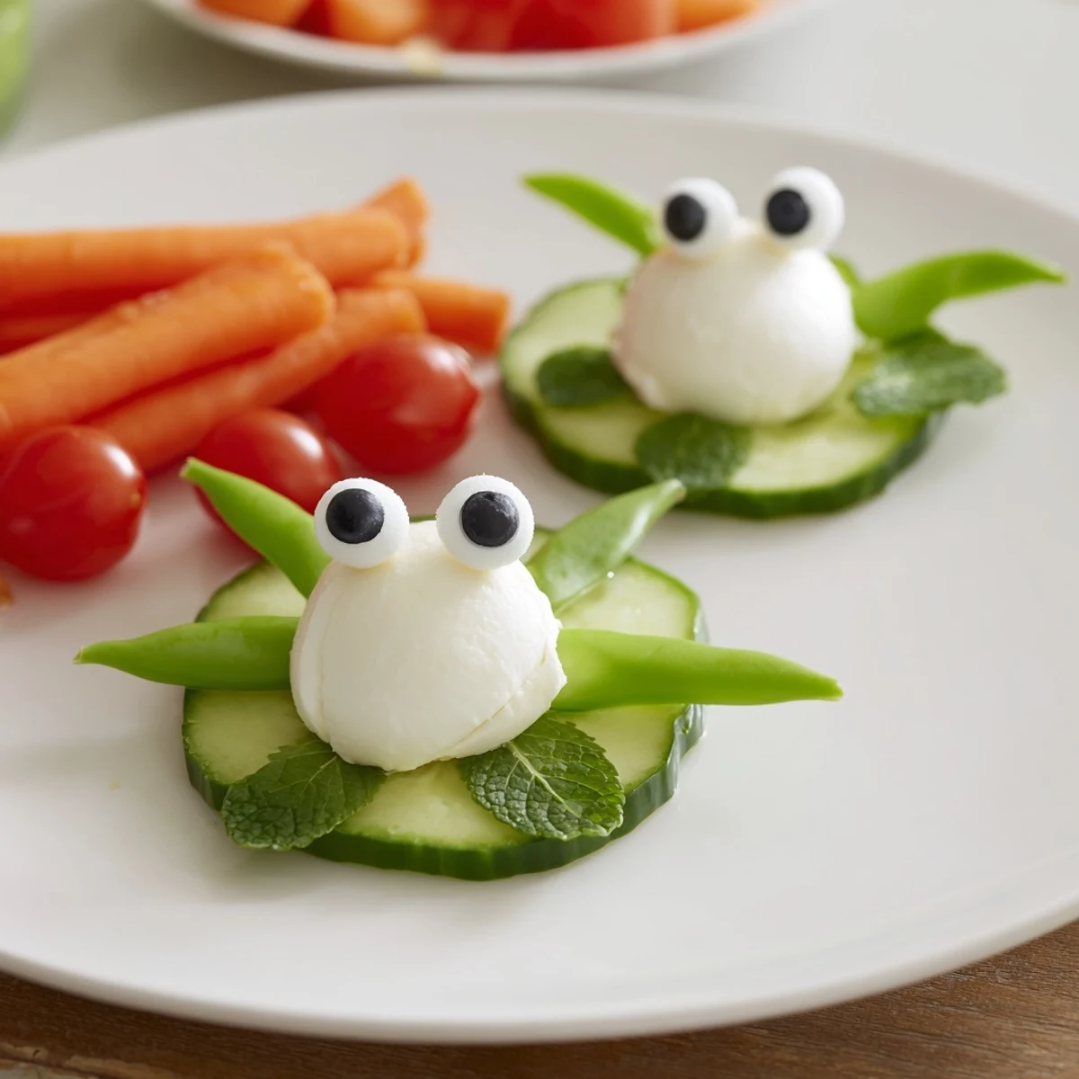 Whimsical Frog Pond Snack Tray with mozzarella frogs on cucumber lily pads, ready to eat.