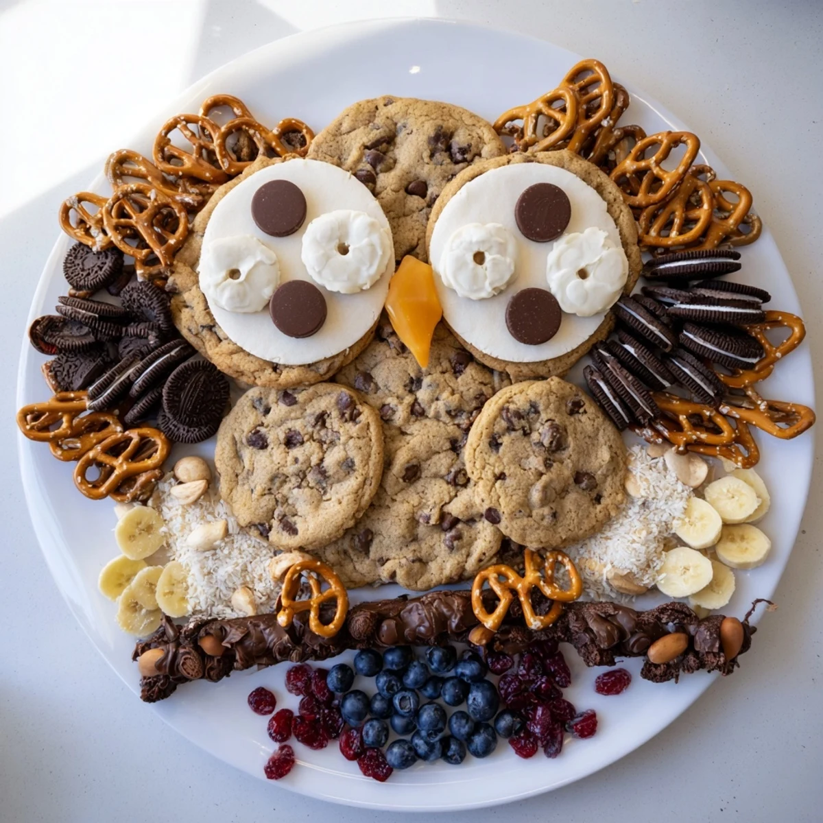 Owl Hooting Dessert Board with chocolate, cookies, and candy arranged like a cute owl.