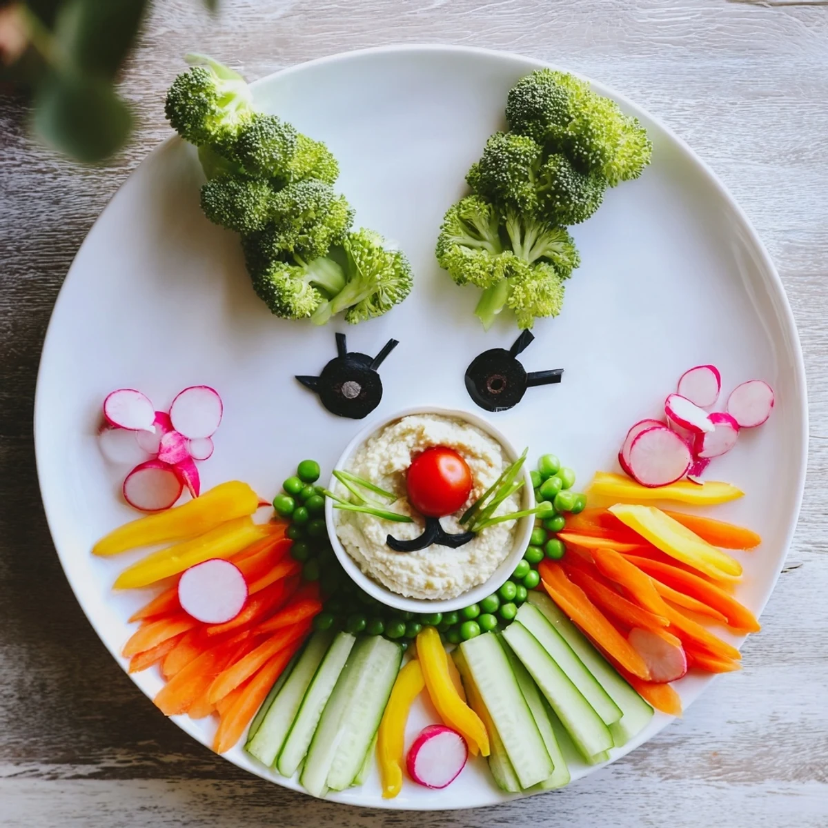 Bunny Meadow Veggie Board: Colorful vegetables artfully arranged as a bunny in a vibrant, inviting spring appetizer.