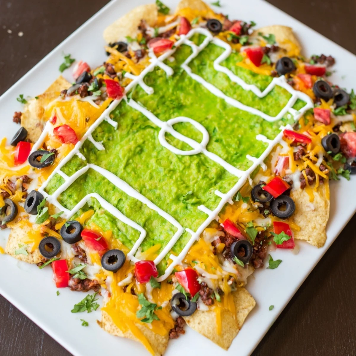 A vibrant Soccer Field Nacho Platter topped with melted cheese, beef, and colorful toppings for game day.