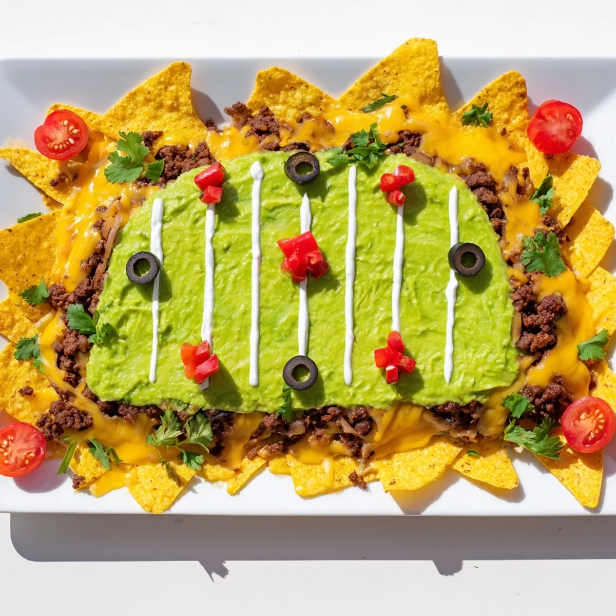 Smoky ground beef and melted cheese cover the tortilla chips in this playful Soccer Field Nacho Platter.