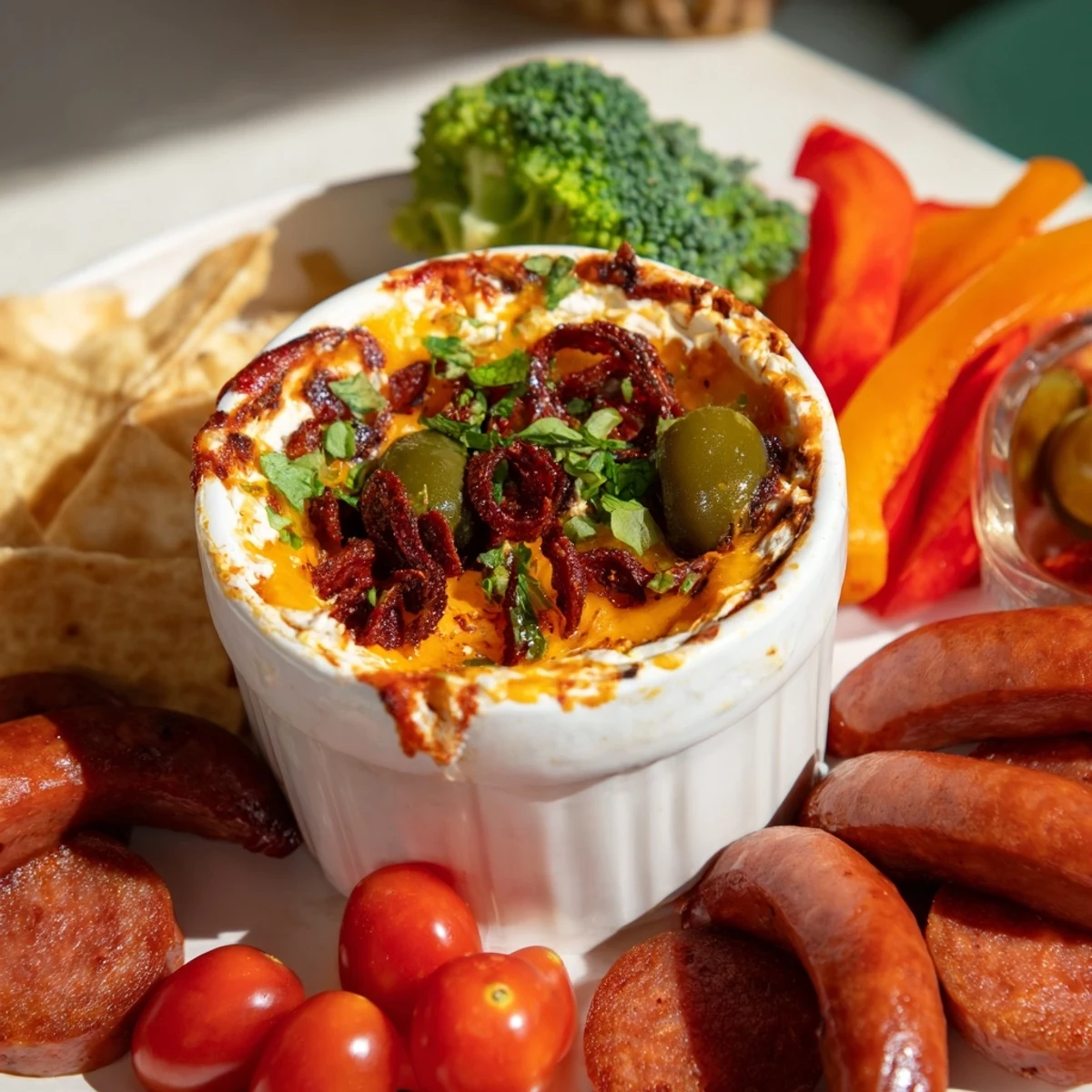 A close-up of the Lava Flow Volcano Dip platter showing a spicy cheese dip with flowing "lava" made of cheese and tomatoes.
