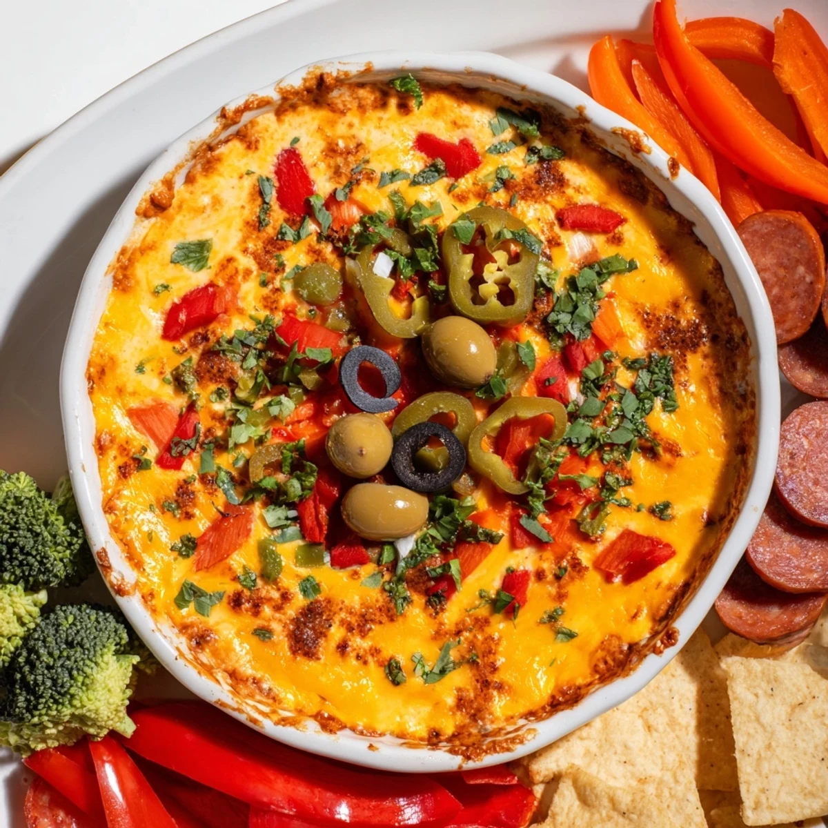 This Lava Flow Volcano Dip appetizer is a cheesy baked dip surrounded by dippable veggies and sausage.