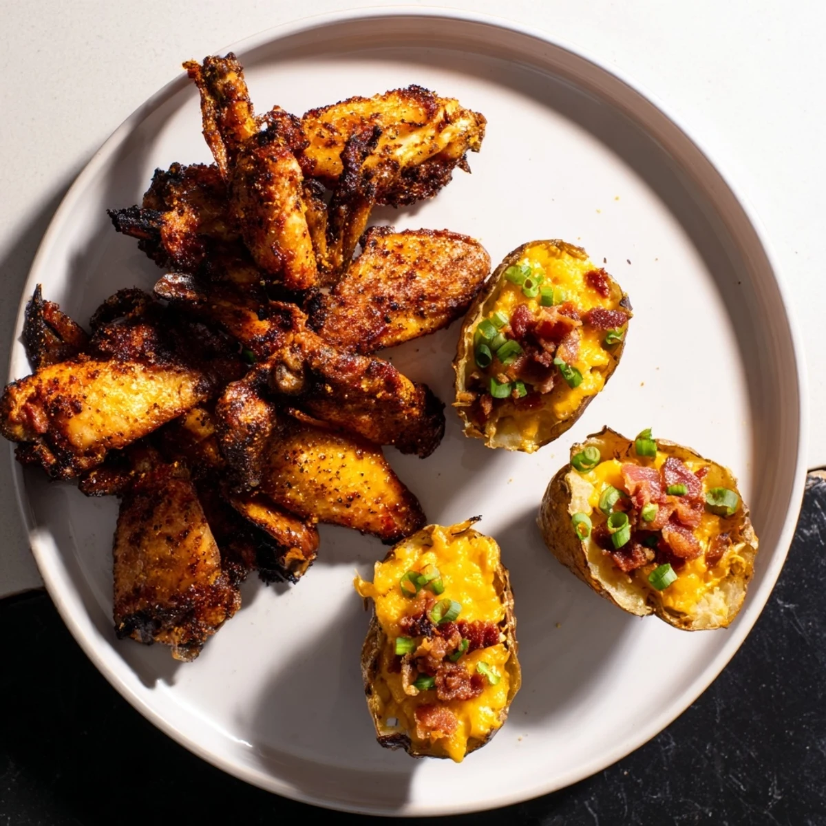 Close-up of a delicious touchdown football tailgate spread, wings, skins, and sausages look irresistible.
