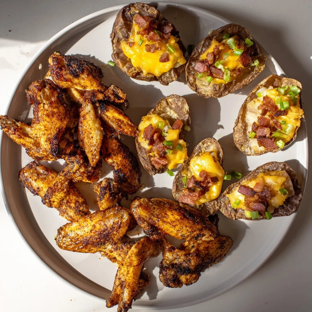 A large platter overflowing with a hearty touchdown football tailgate spread, ideal for sharing with friends.