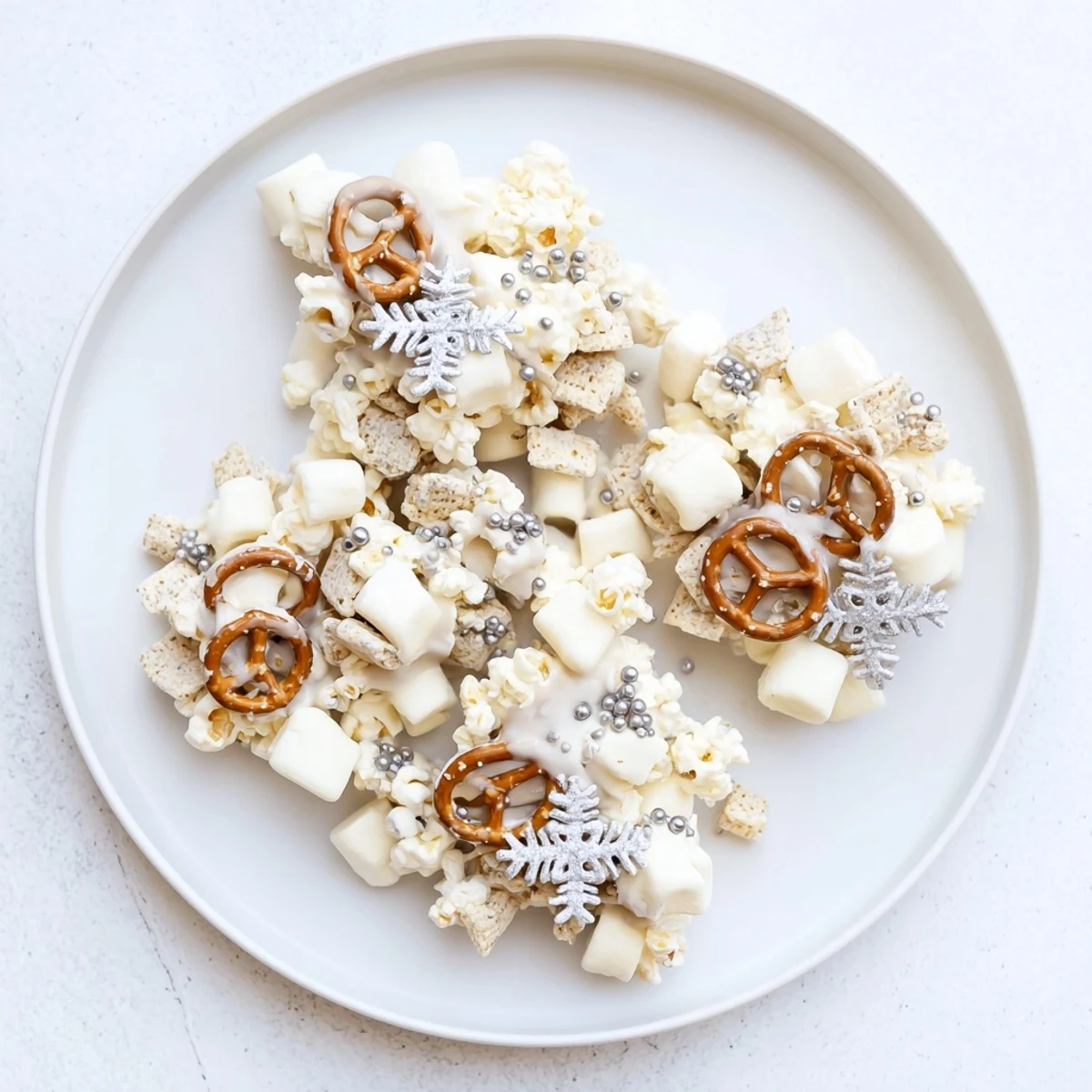 Beautifully arranged Ski Season Snowflake Snack Mix clusters with shimmering white chocolate coating and sprinkles.