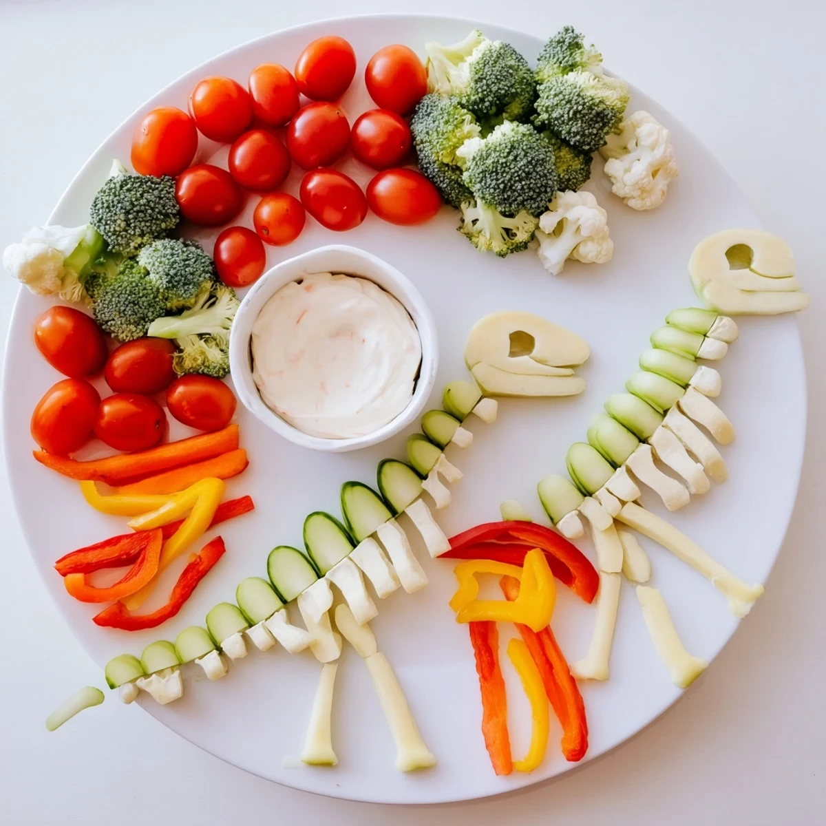 Fresh Dino-Mite Dinosaur Fossil Crudités: a colorful veggie platter with hummus for dipping.