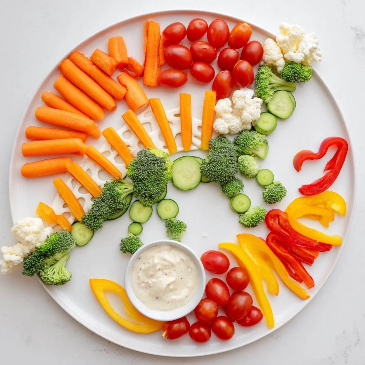 Delicious and fun Dino-Mite Dinosaur Fossil Crudités arrangement, a kid-friendly veggie appetizer with tomatoes.
