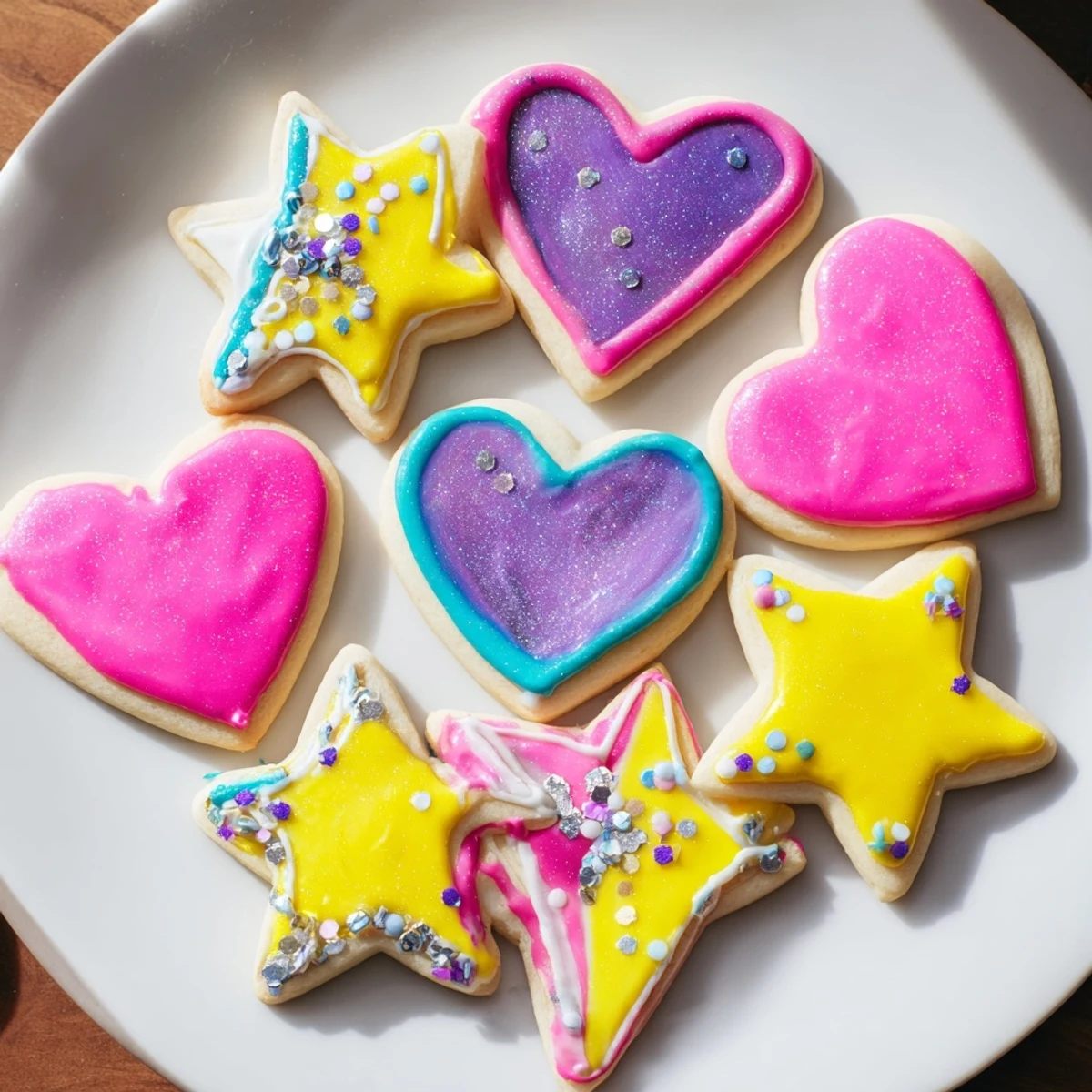 Golden, heart-shaped Princess Palace treats, frosted with pink icing and shimmering sprinkles, ready to enjoy.
