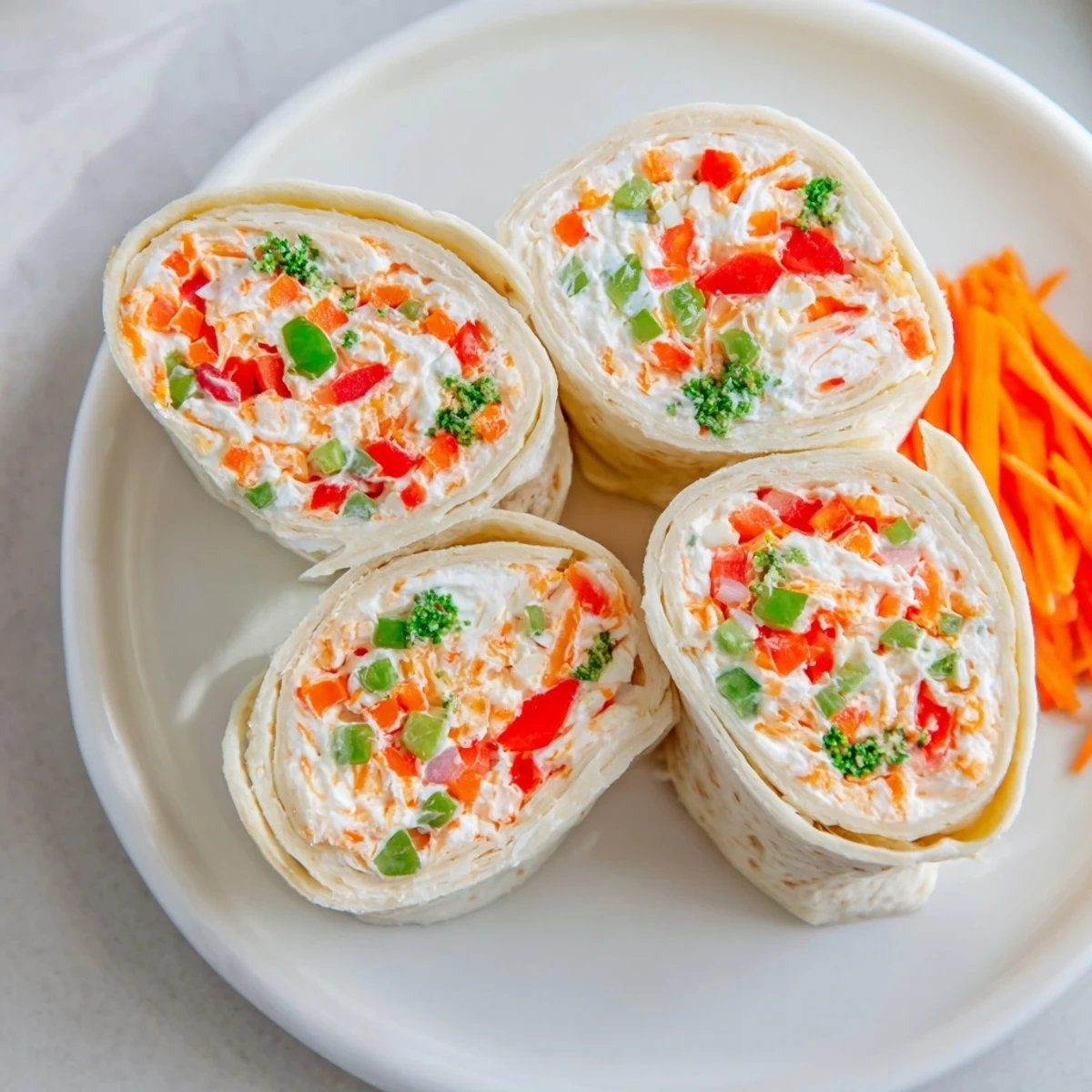 Festive close-up of Cozy Scarf Holiday Pinwheel Wraps, layered with creamy filling and colorful veggies.